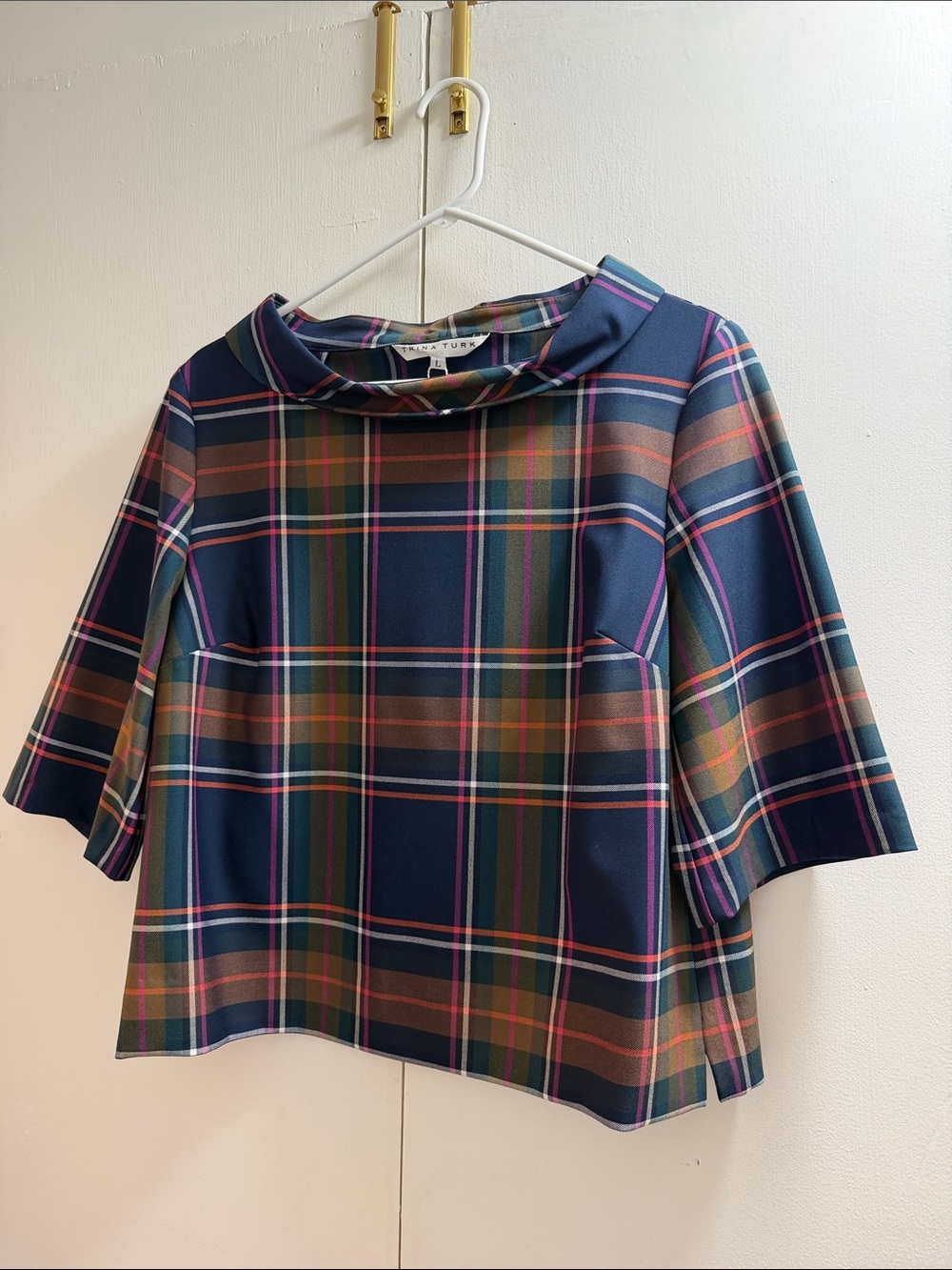 Trina Turk Navy Plaid Crop Top with Pink and Green Stripes
